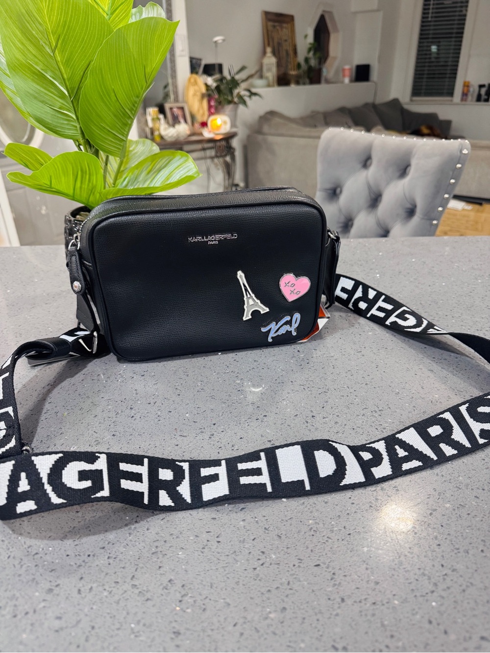 Karl Lagerfeld Black Crossbody Camera Bag with Logo Jacquard Strap